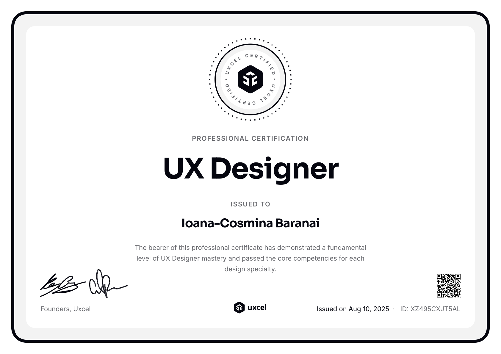 Ioana-Cosmina Baranai's certificate